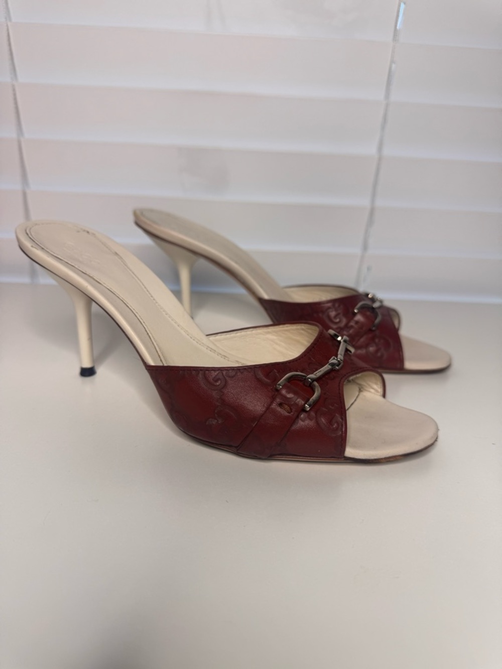 Vintage GUCCI Horsebit Mules Maroon Leather GG Monogram Slides Heels 36.5 C